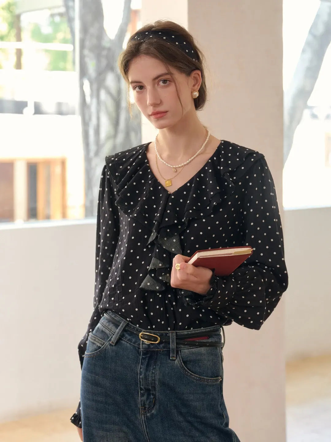 Keily V-Neck Dots Delicate Scarf Blouse