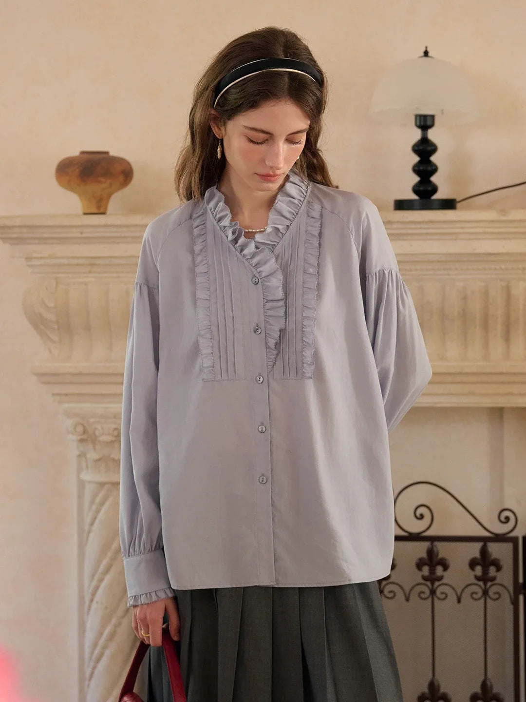 Henley Ruffle Collar Lyocell Blouse