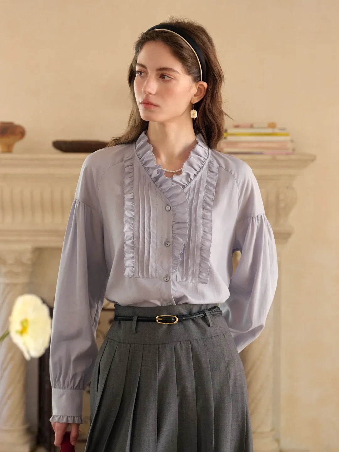 Henley Ruffle Collar Lyocell Blouse