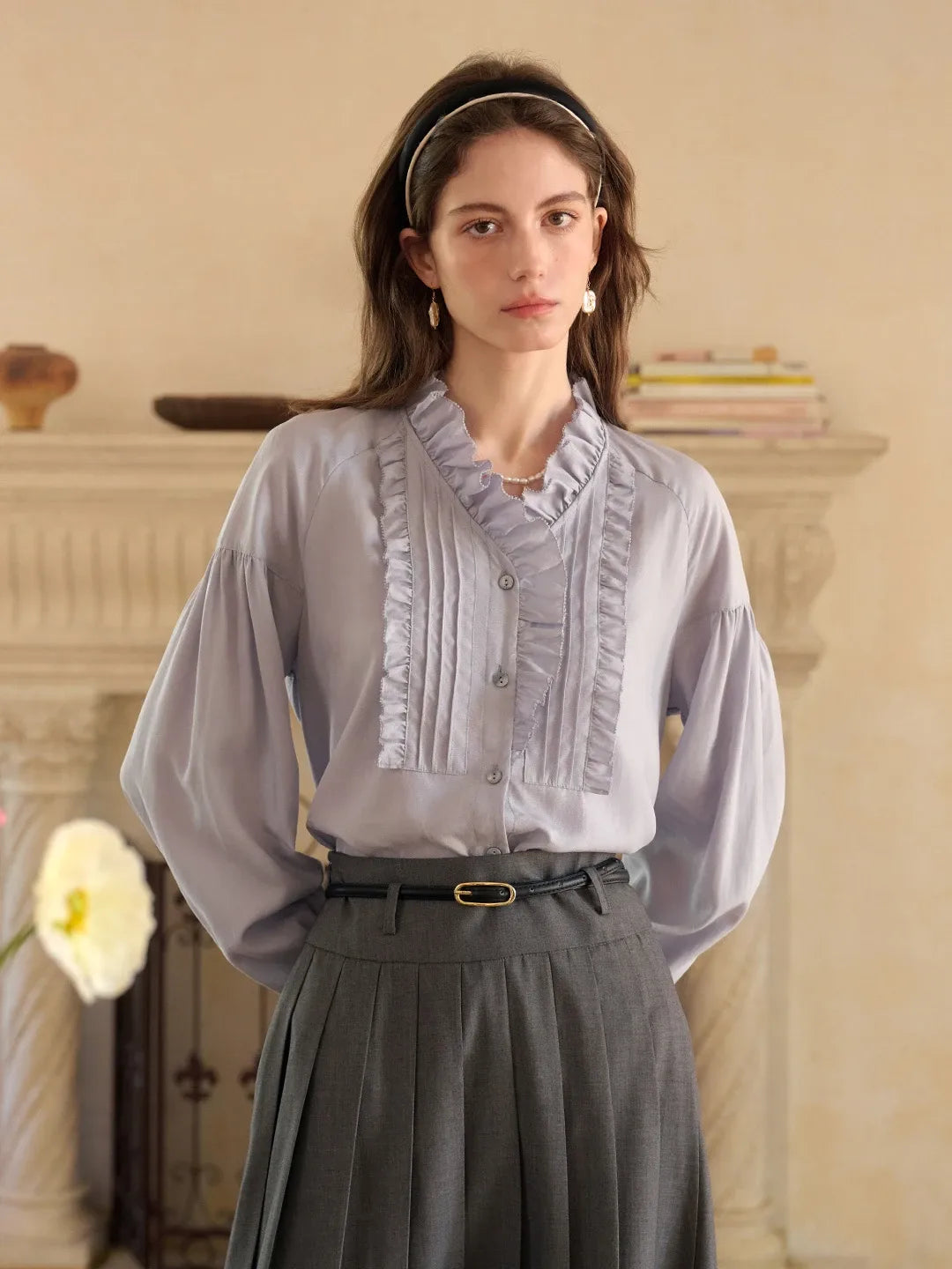 Henley Ruffle Collar Lyocell Blouse