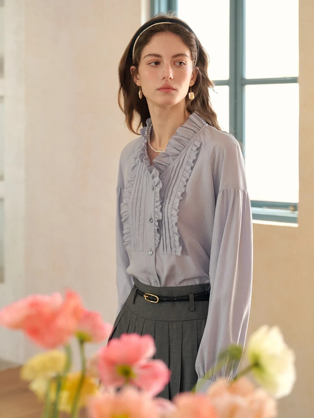 Henley Ruffle Collar Lyocell Blouse