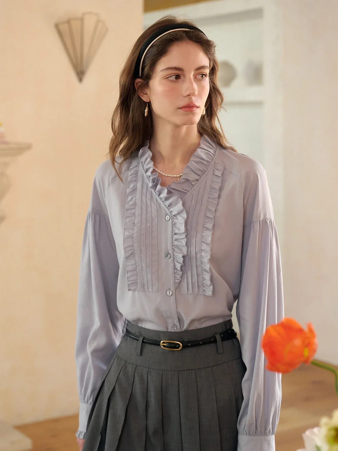 Henley Ruffle Collar Lyocell Blouse