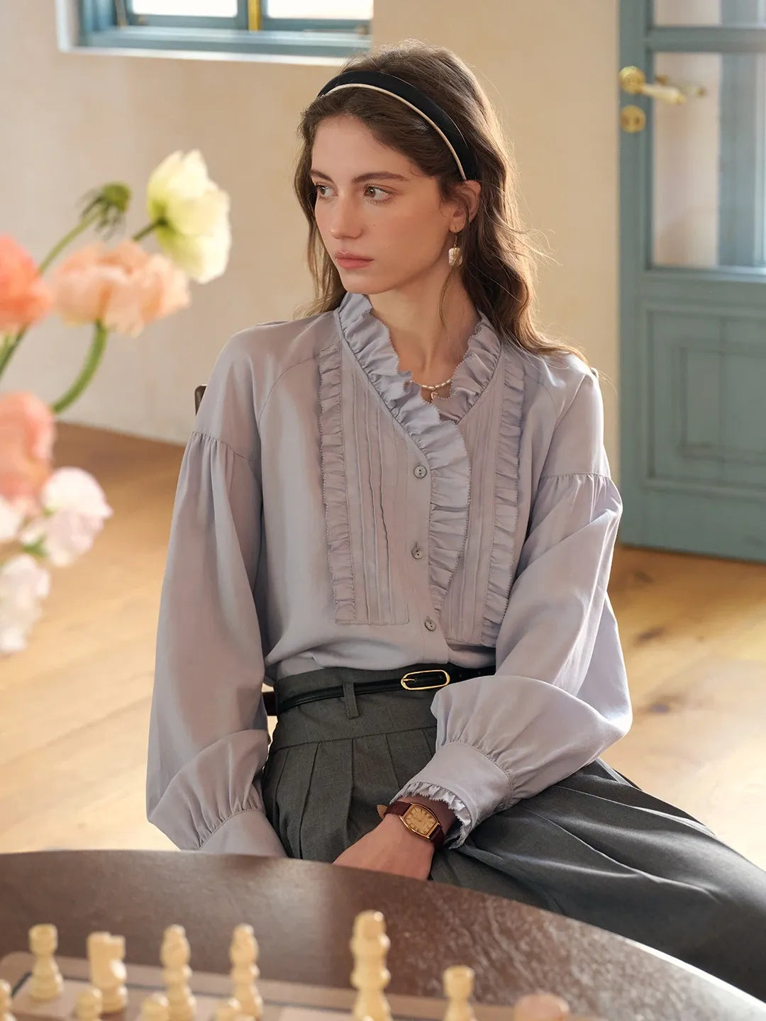 Henley Ruffle Collar Lyocell Blouse