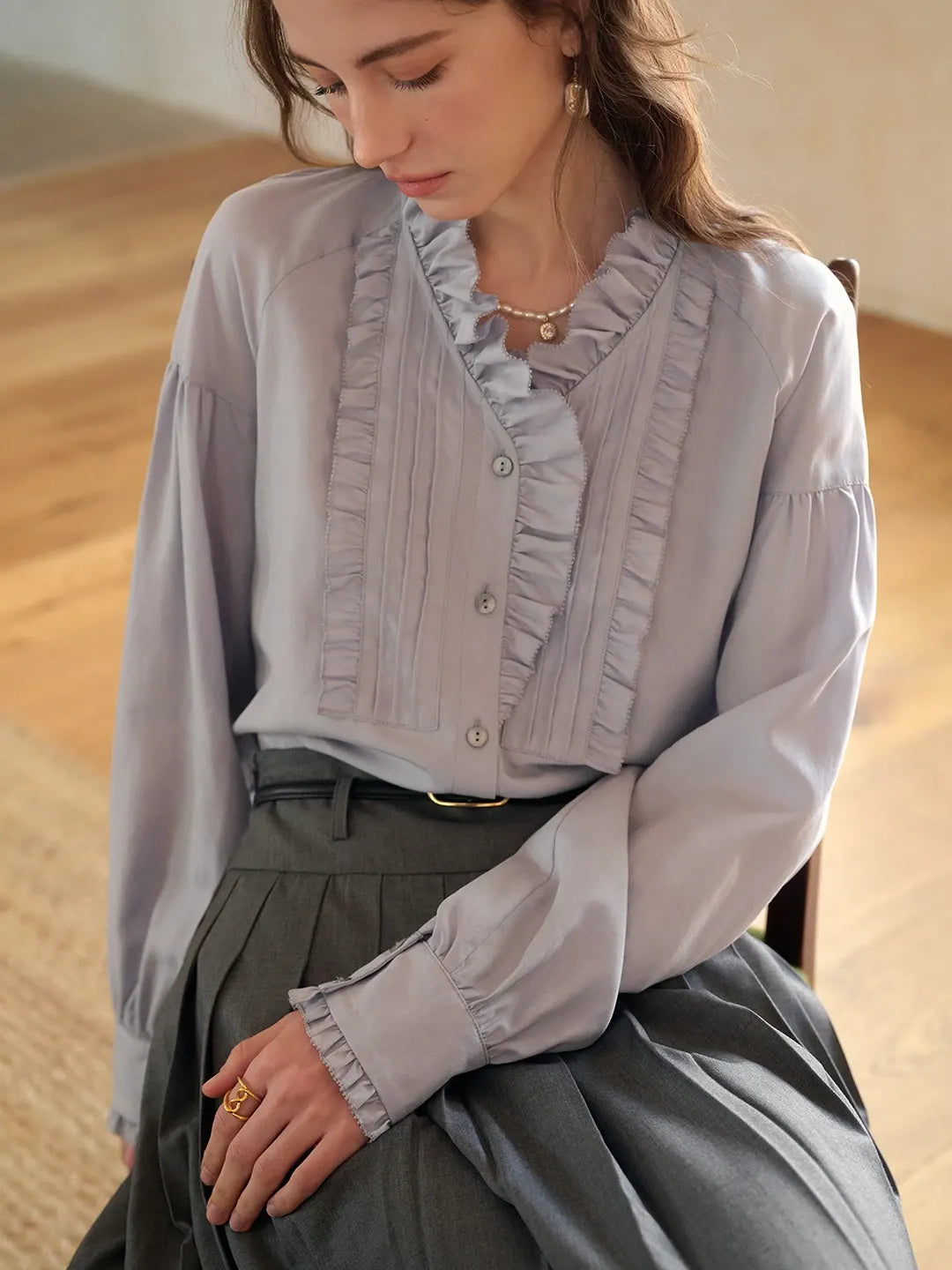 Henley Ruffle Collar Lyocell Blouse