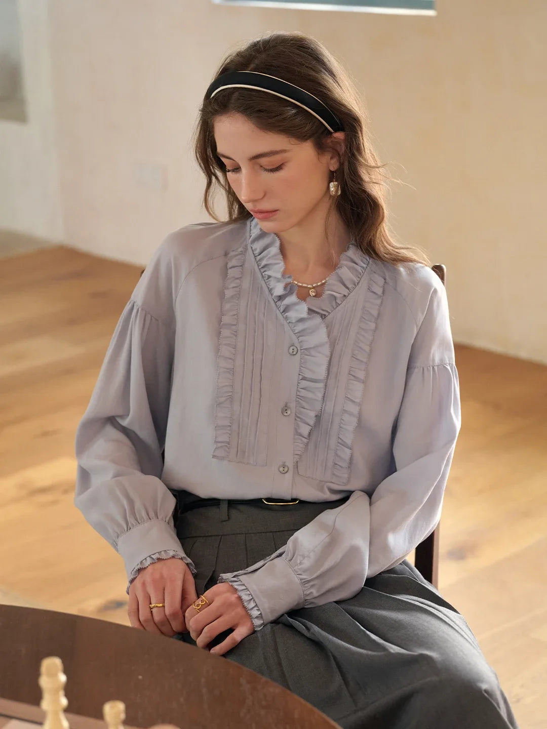 Henley Ruffle Collar Lyocell Blouse