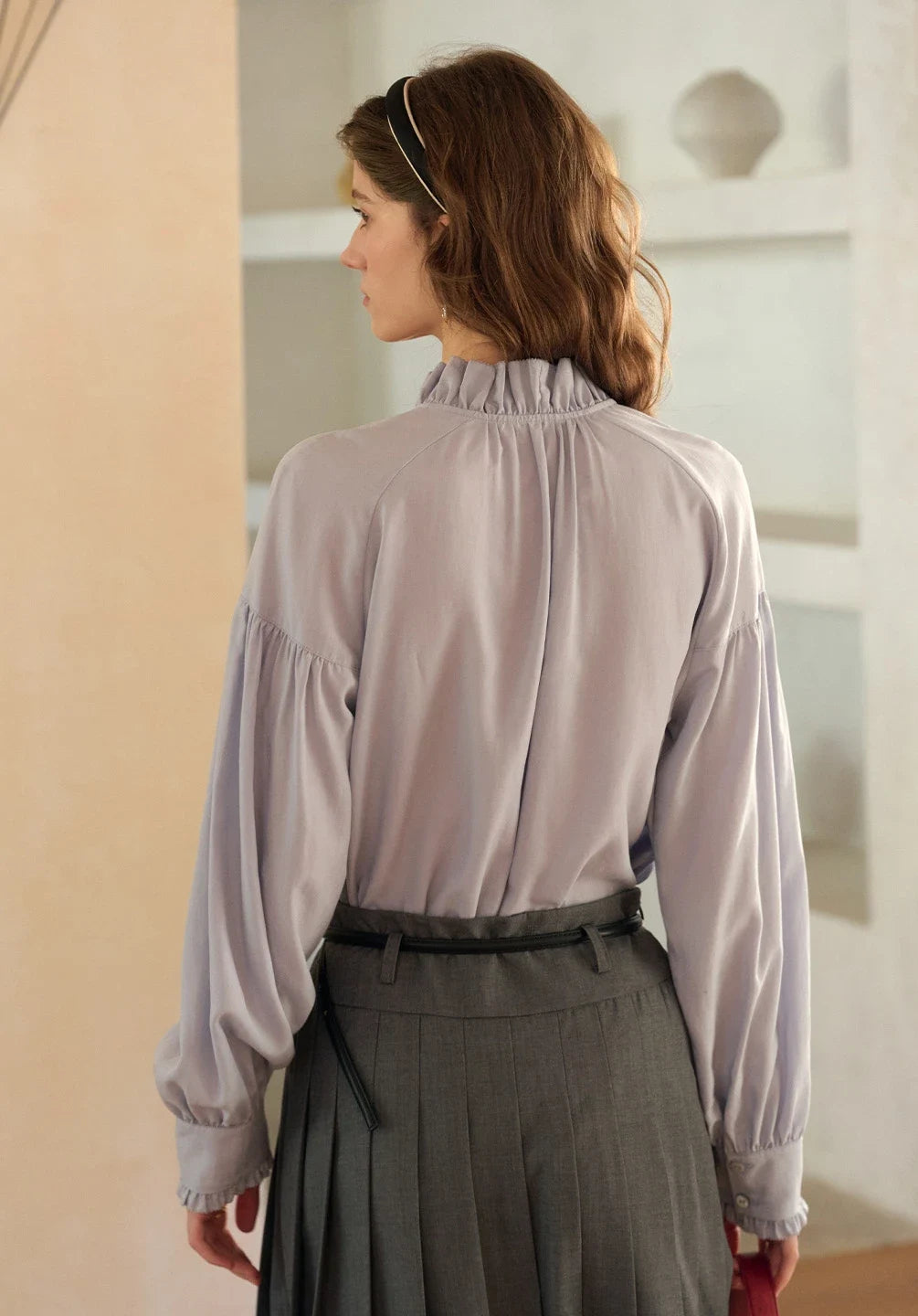 Henley Ruffle Collar Lyocell Blouse