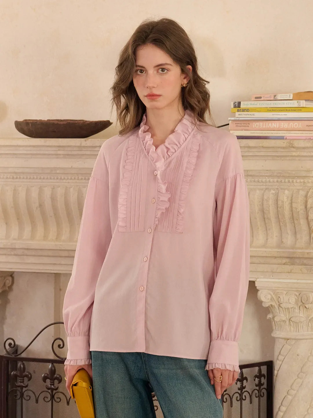 Henley Ruffle Collar Lyocell Blouse