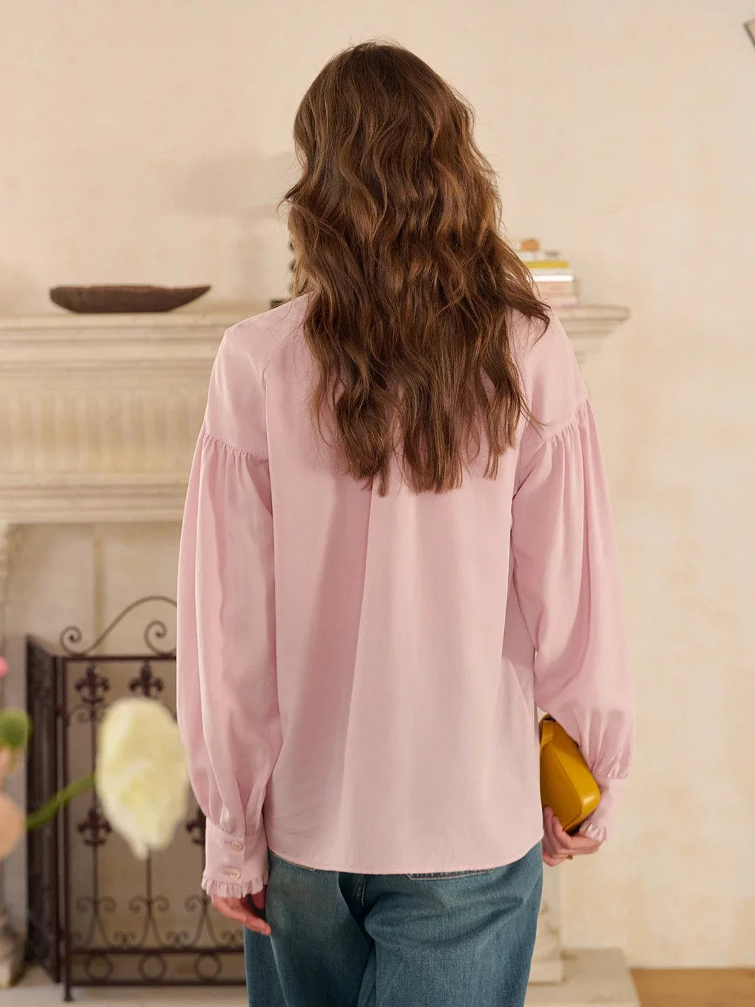 Henley Ruffle Collar Lyocell Blouse