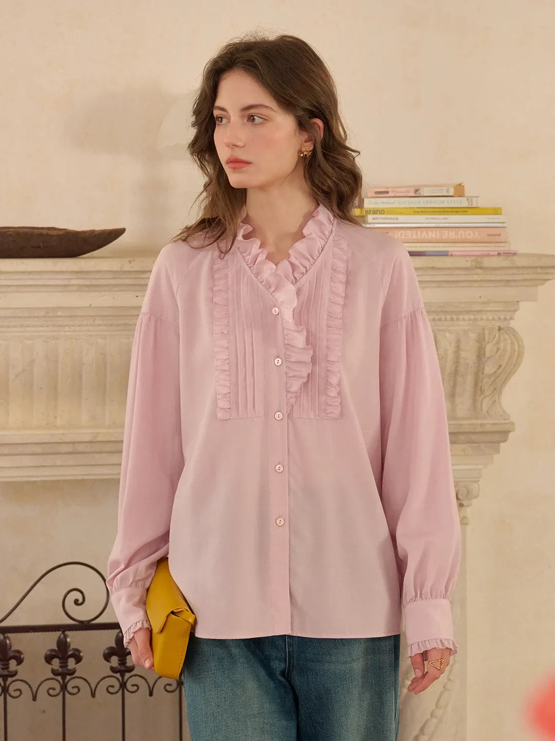 Henley Ruffle Collar Lyocell Blouse