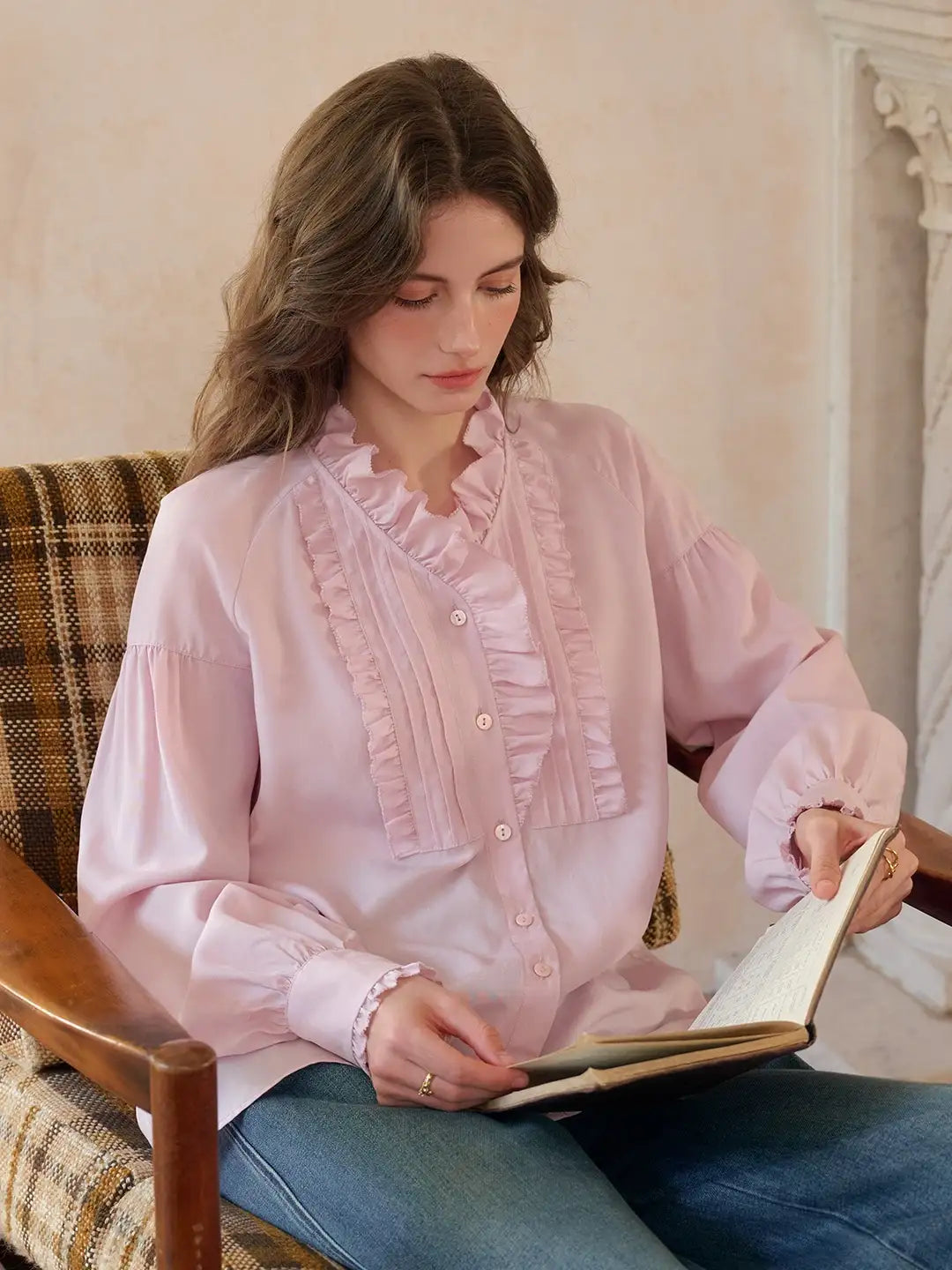 Henley Ruffle Collar Lyocell Blouse