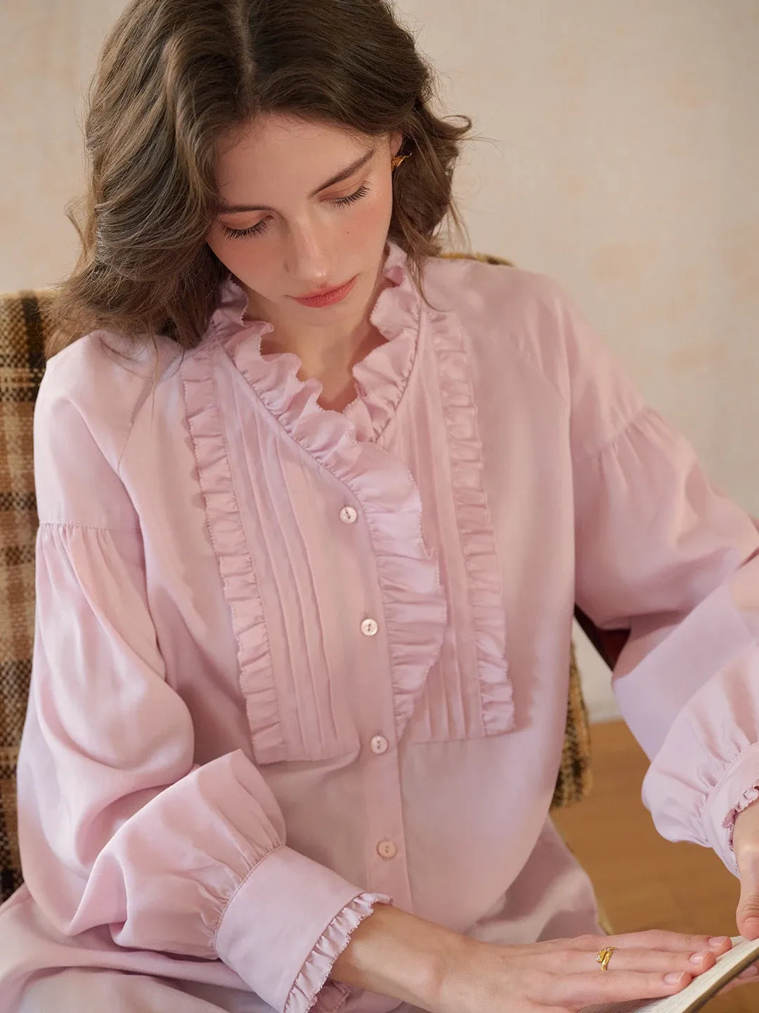 Henley Ruffle Collar Lyocell Blouse