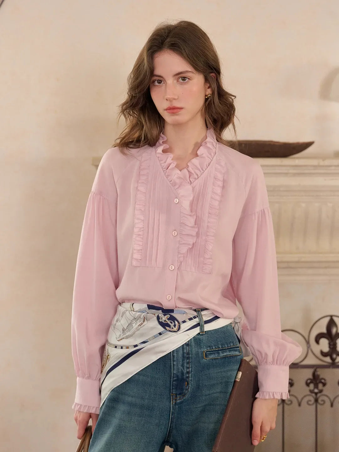 Henley Ruffle Collar Lyocell Blouse