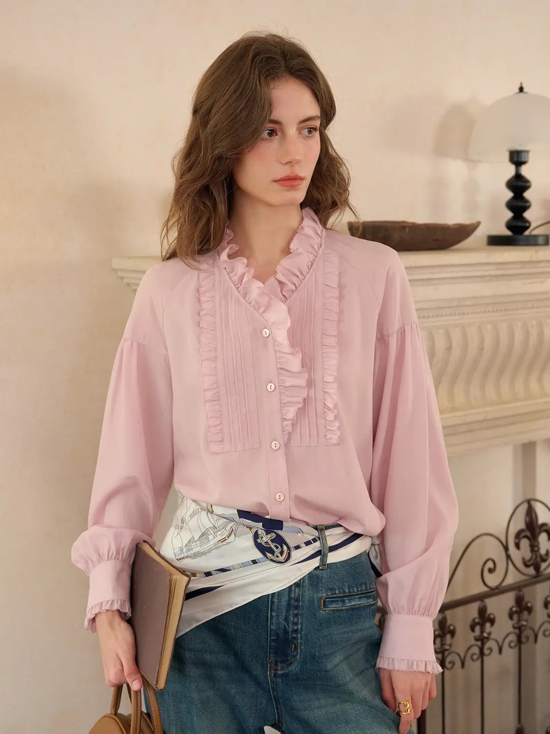 Henley Ruffle Collar Lyocell Blouse