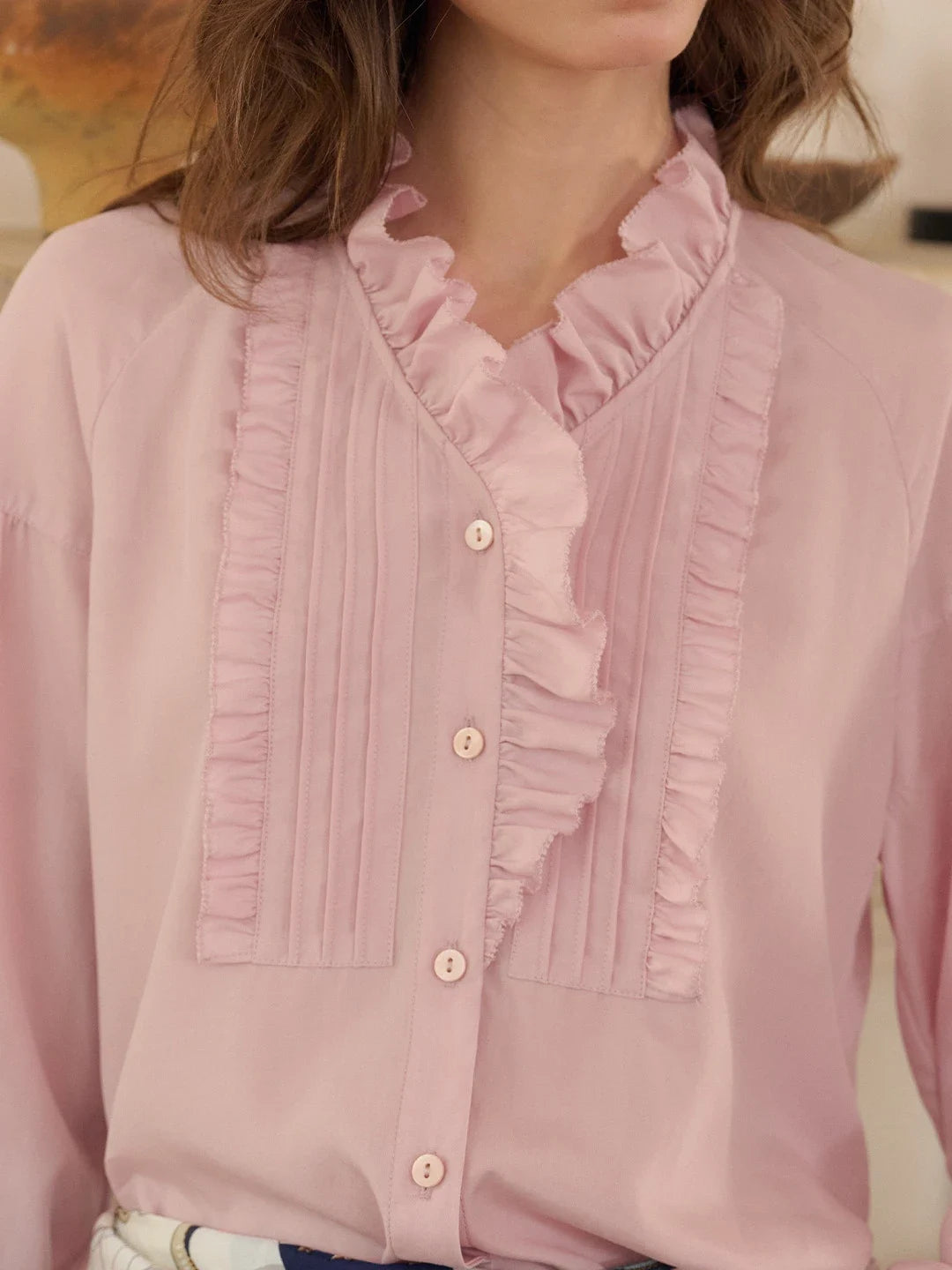 Henley Ruffle Collar Lyocell Blouse