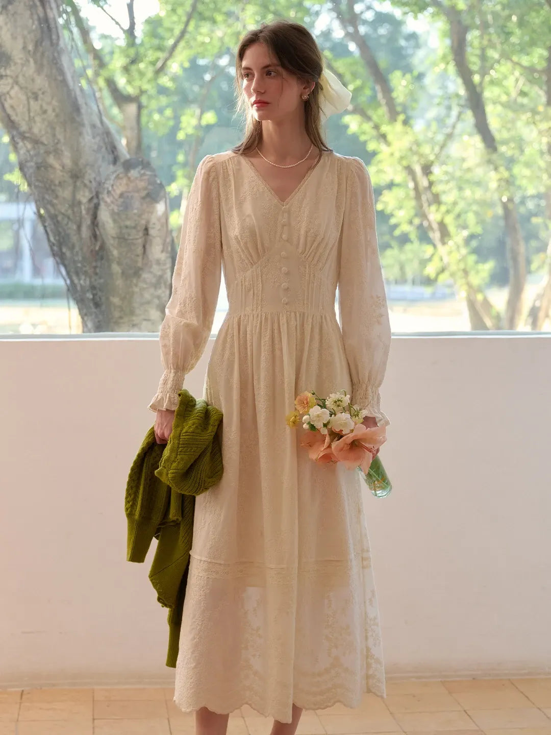 Rosalina V-Neck Embroidery Cotton Dress