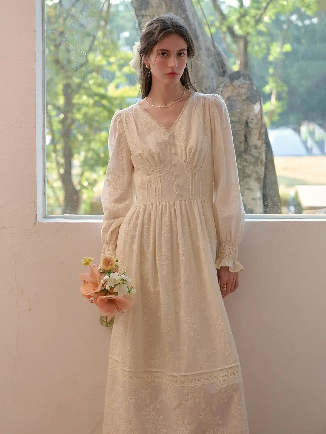Rosalina V-Neck Embroidery Cotton Dress