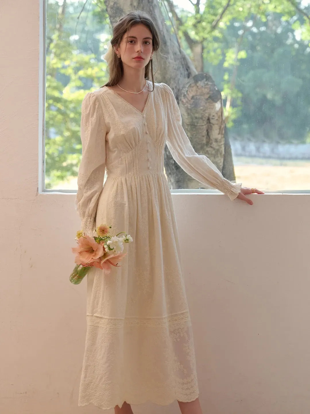 Rosalina V-Neck Embroidery Cotton Dress