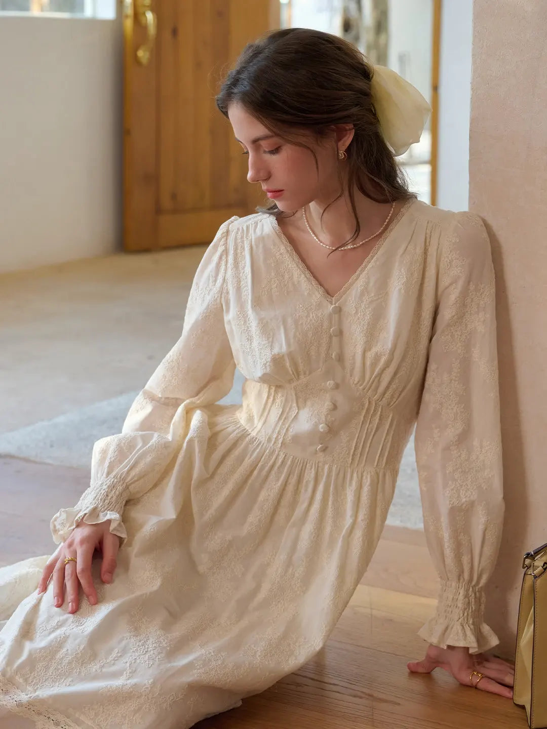 Plus Size V Neck Cotton Dress Rosalina V-Neck Embroidery Cotton Dress, Apricot M Plus Size V Neck Cotton Dress Rosalina V-Neck Embroidery Cotton Dress, Apricot M