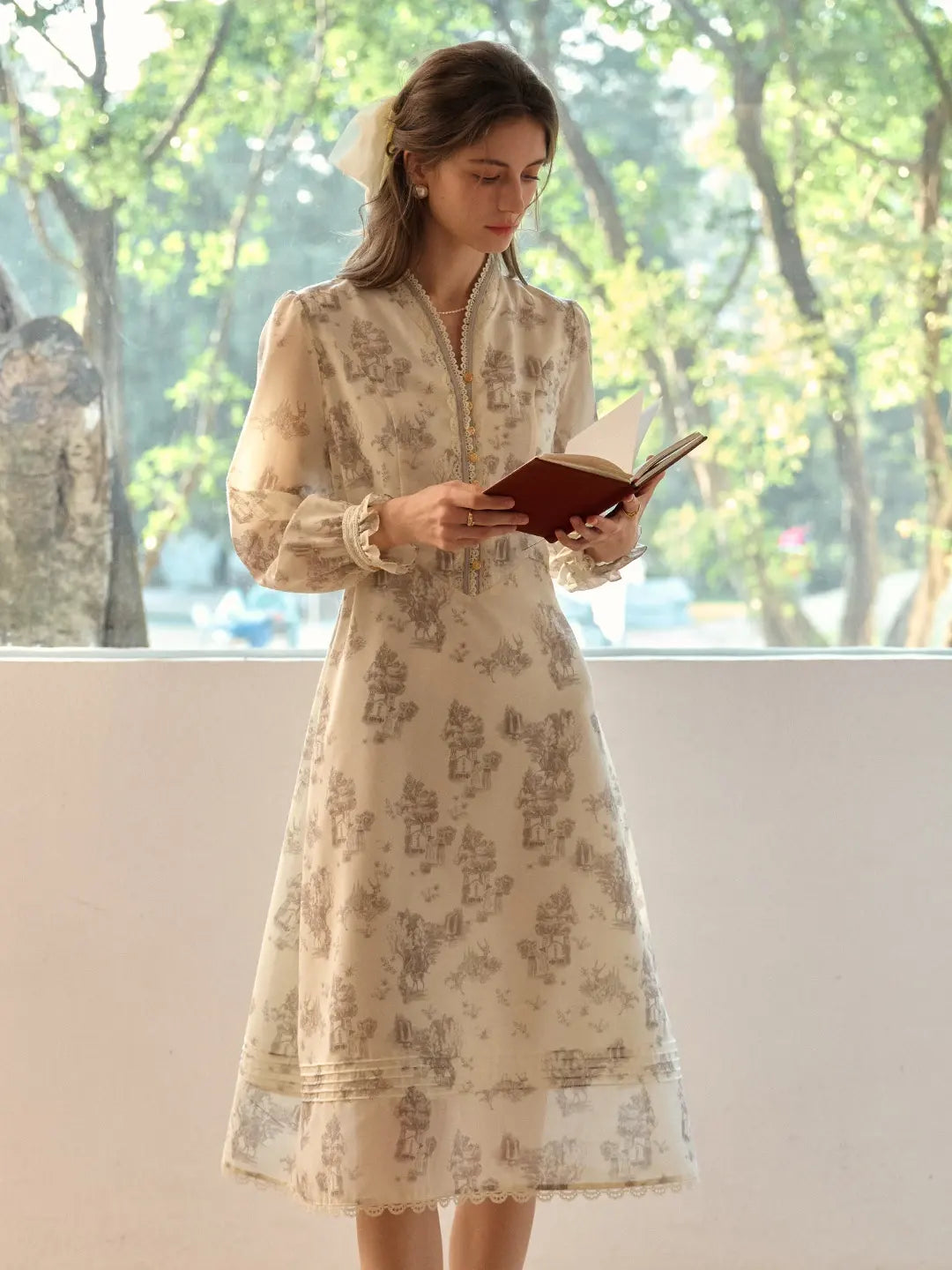 Lyric Printed Stand Collar Midi Dress