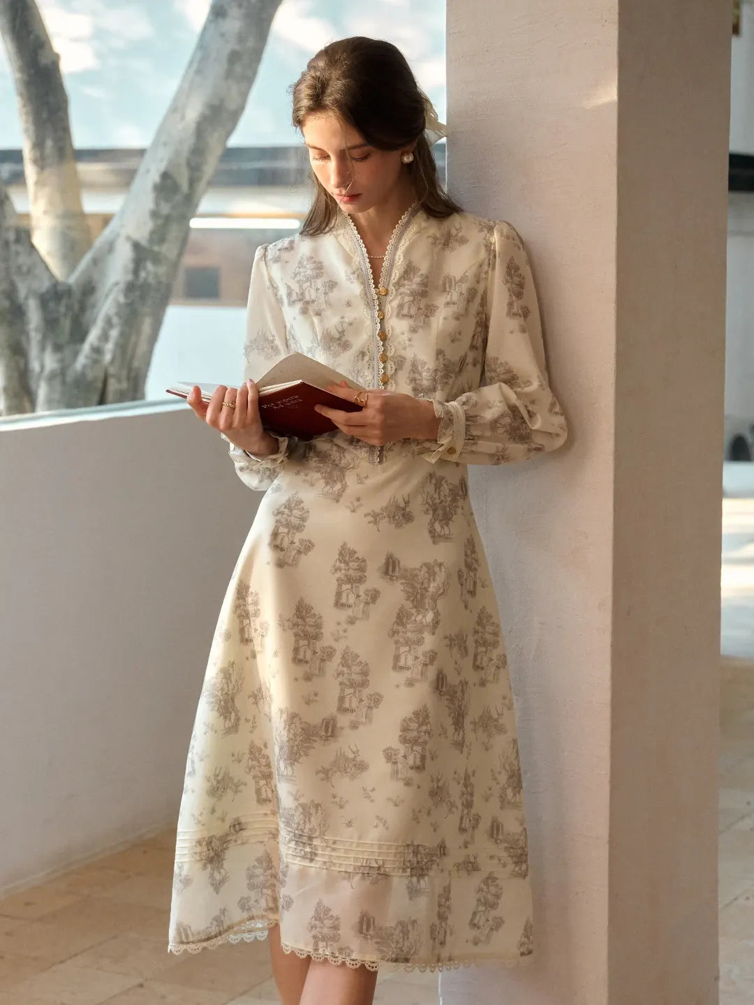 Lyric Printed Stand Collar Midi Dress