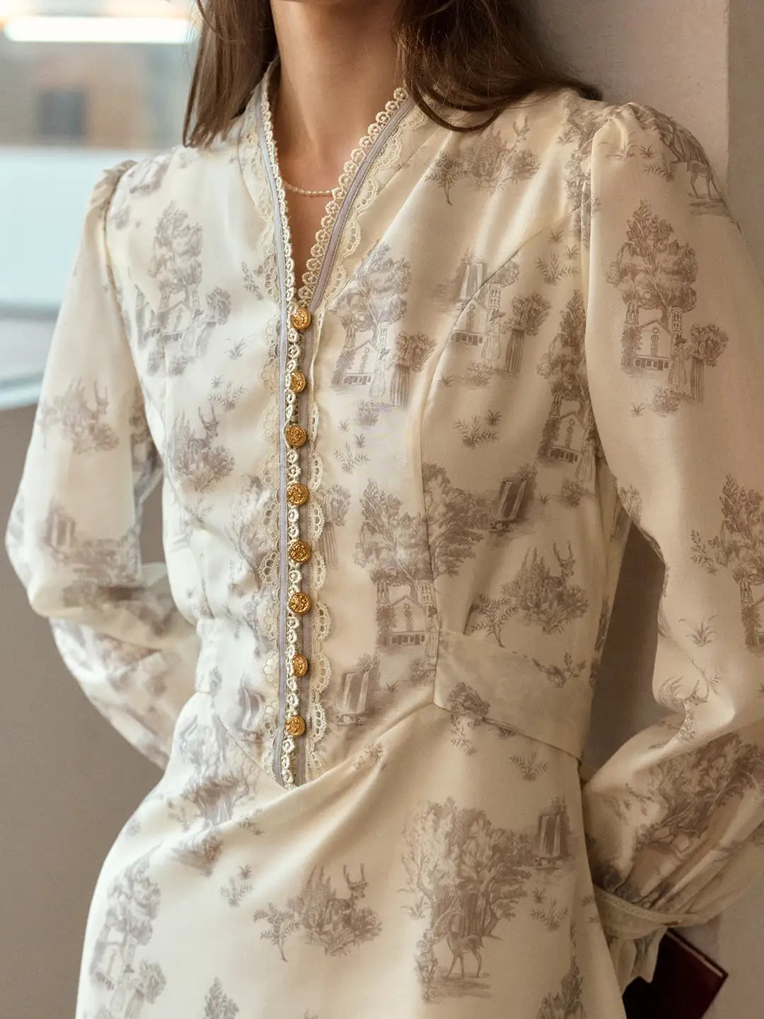 Lyric Printed Stand Collar Midi Dress