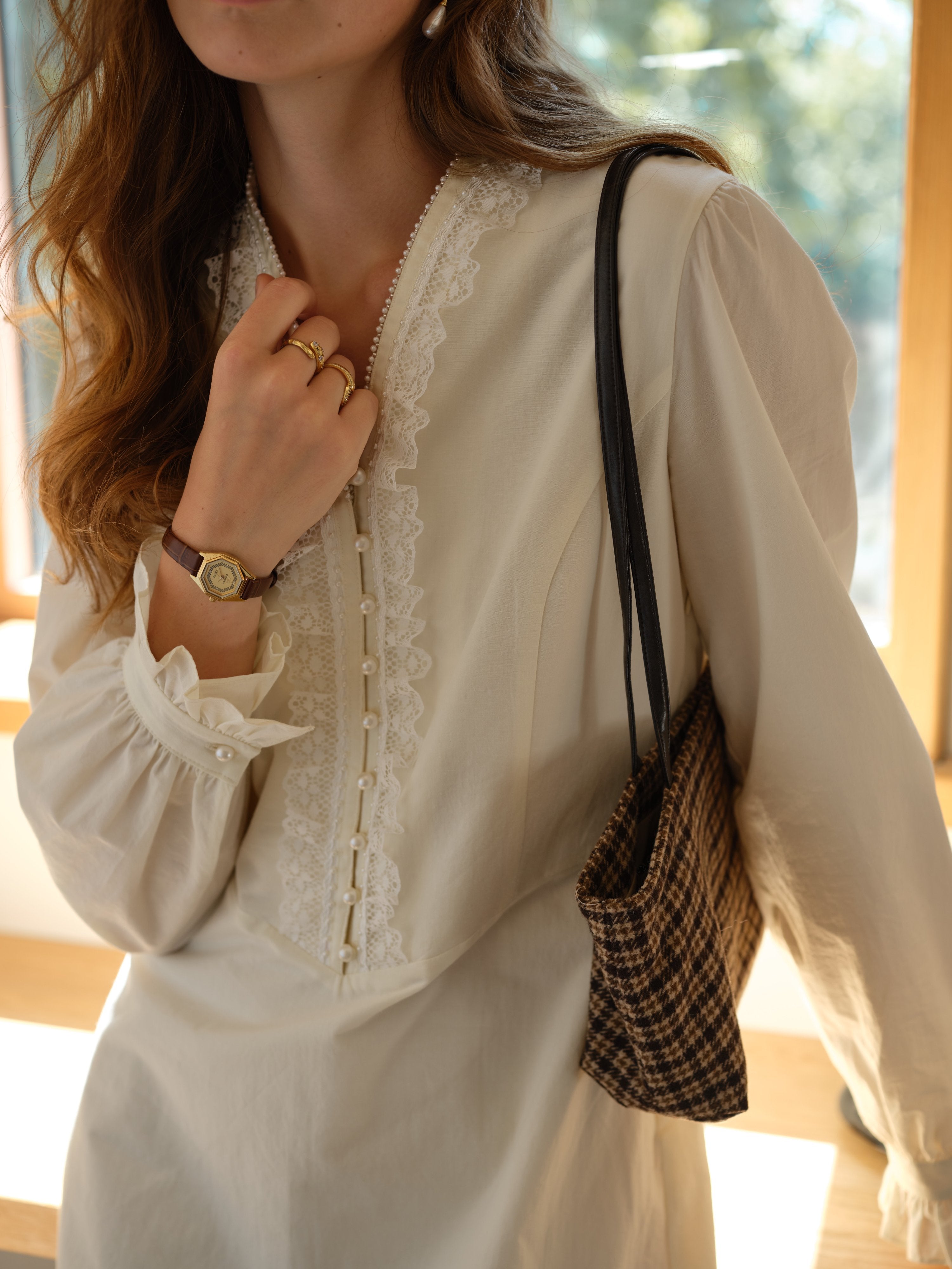 Rivka Button-Down Bodice V-Neck Lace Dress
