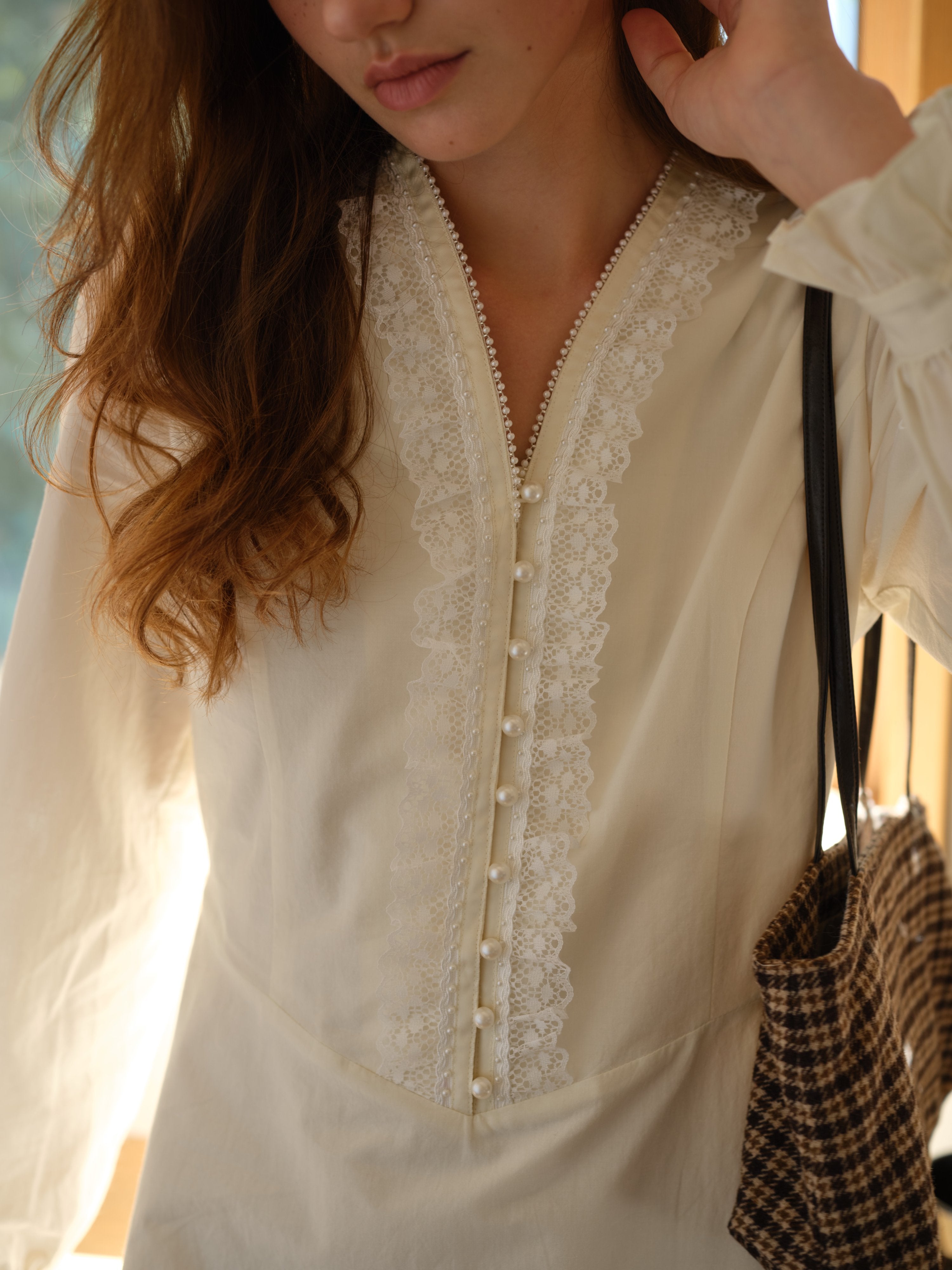 Rivka Button-Down Bodice V-Neck Lace Dress