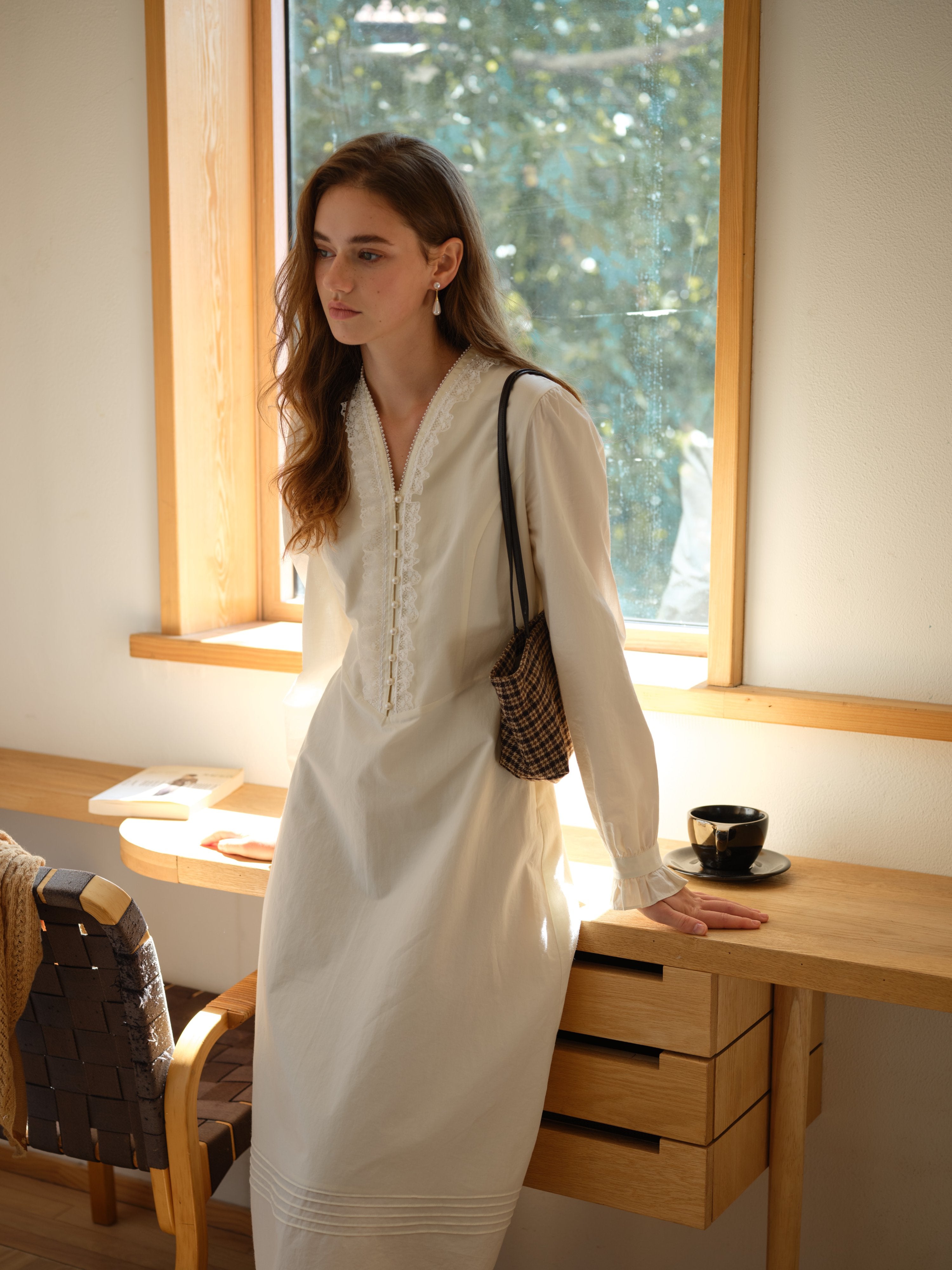 Rivka Button-Down Bodice V-Neck Lace Dress