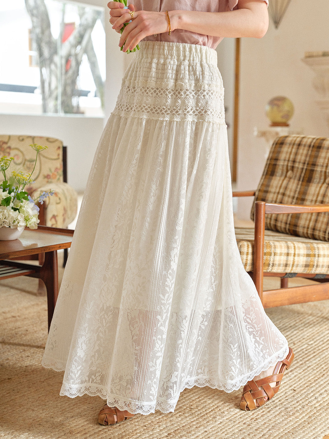 Kensley Lace-Embroidered Hollow Cotton Skirt