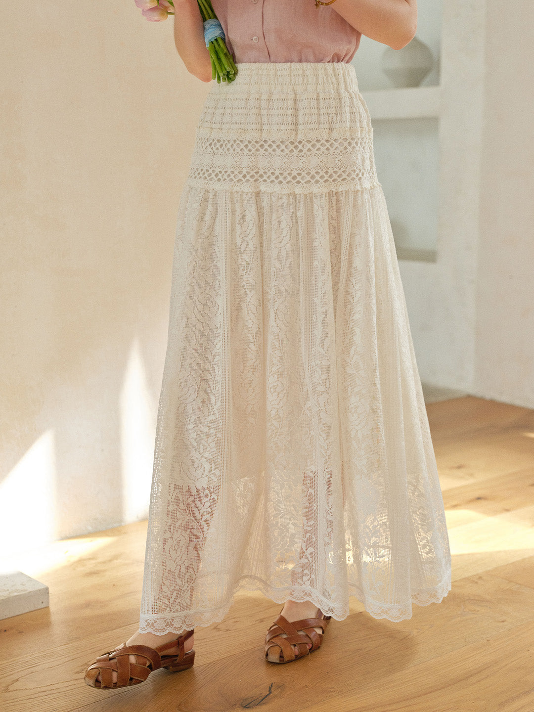 Kensley Lace-Embroidered Hollow Cotton Skirt