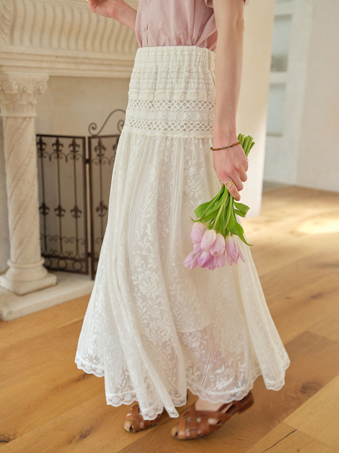 Kensley Lace-Embroidered Hollow Cotton Skirt