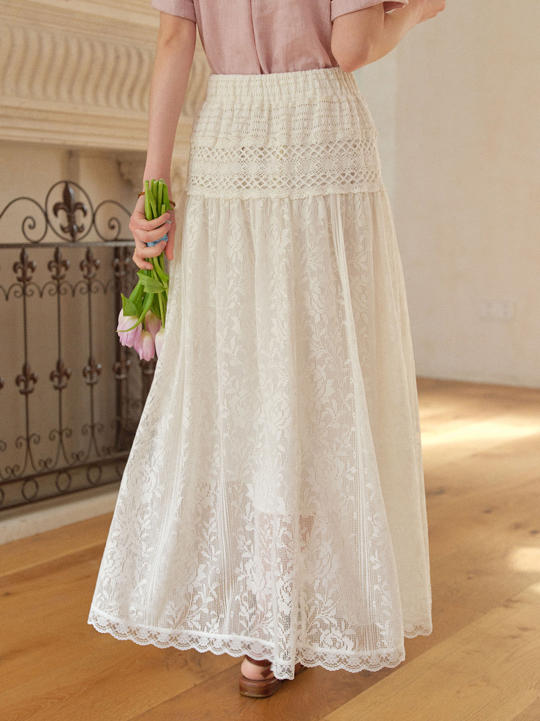 Kensley Lace-Embroidered Hollow Cotton Skirt