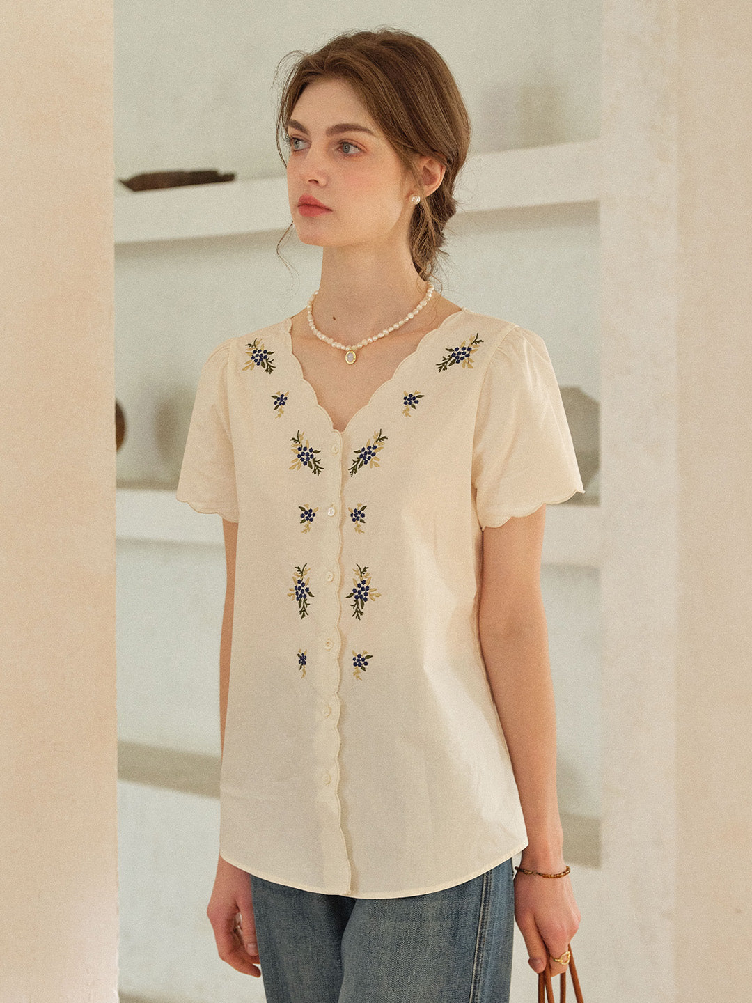 Daphne V-Neck Embroidered 100% Blouse