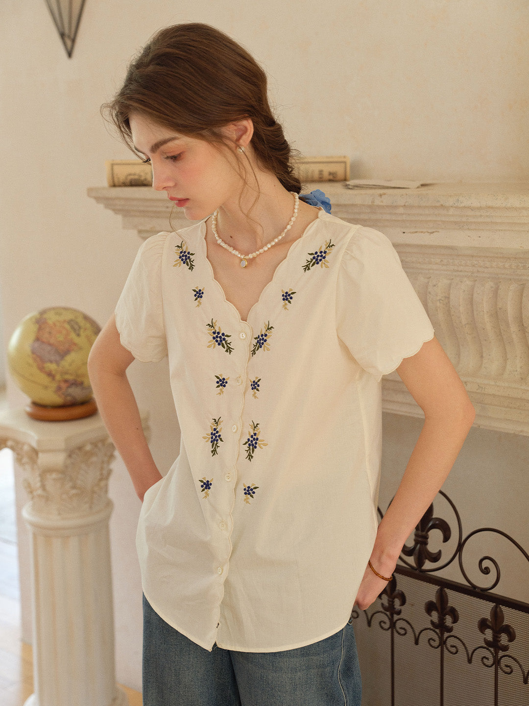 Daphne V-Neck Embroidered 100% Blouse