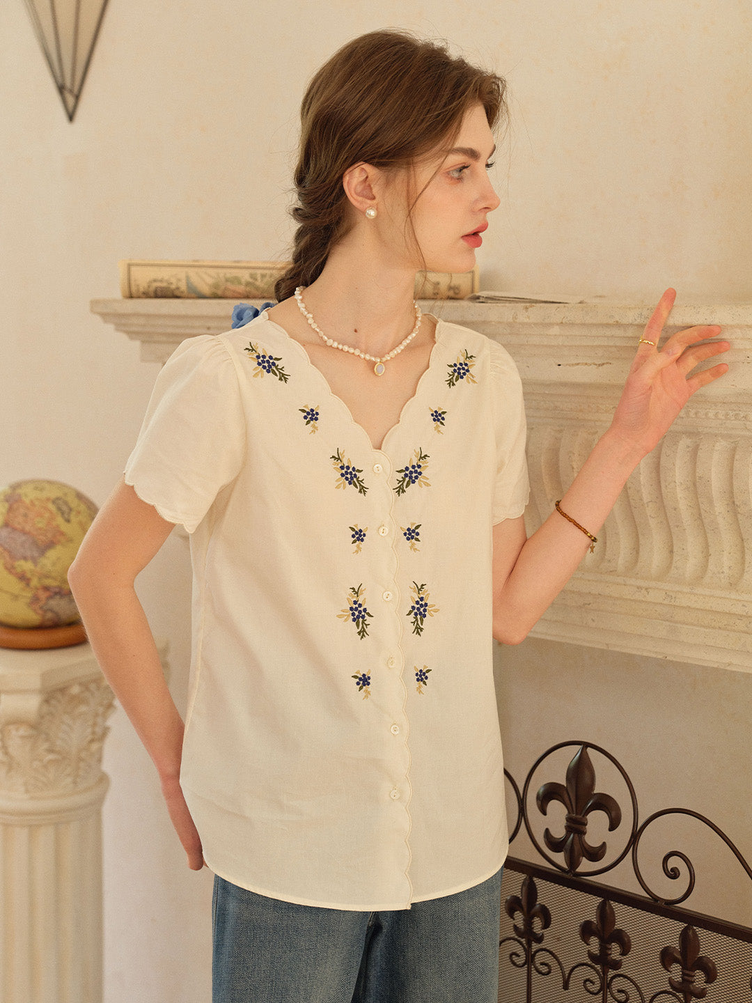 Daphne V-Neck Embroidered 100% Blouse