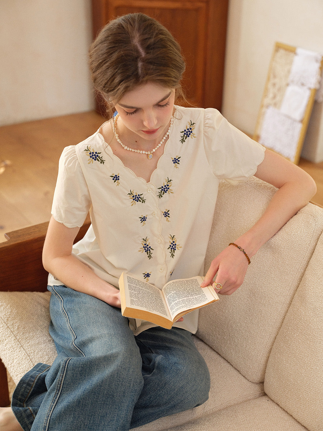 Daphne V-Neck Embroidered 100% Blouse