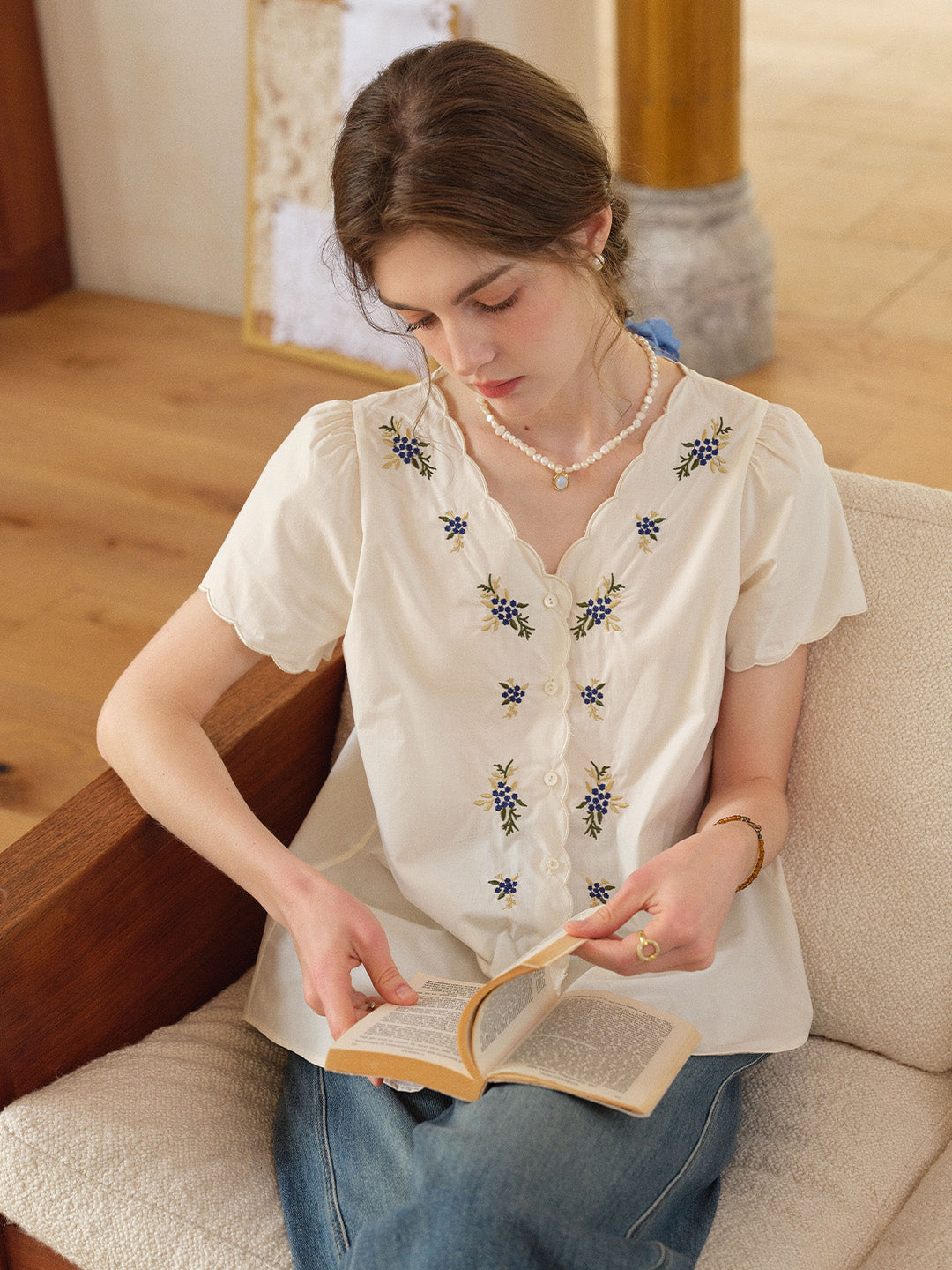 Daphne V-Neck Embroidered 100% Blouse