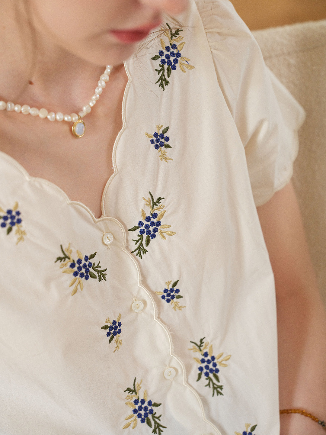 Daphne V-Neck Embroidered 100% Blouse