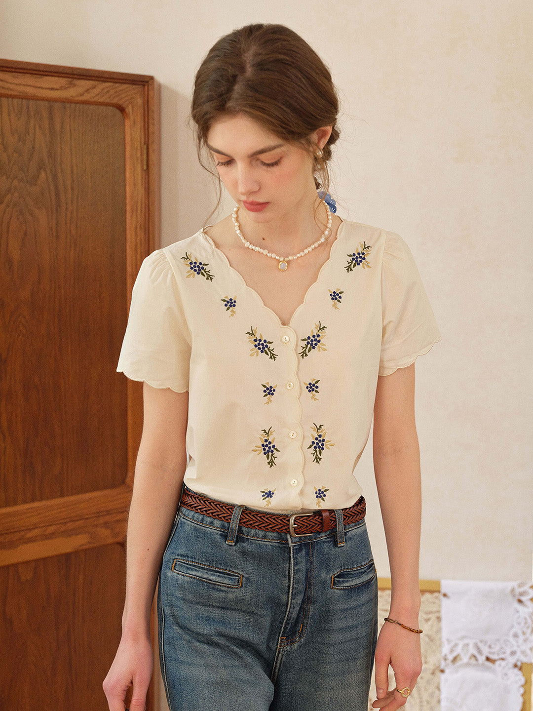 Daphne V-Neck Embroidered 100% Blouse