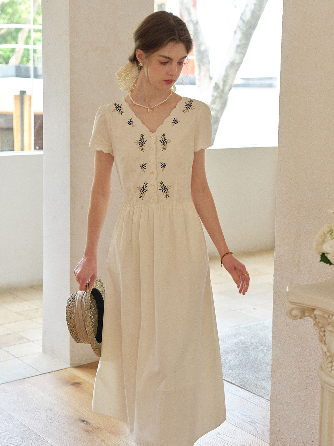 Allison V-Neck Embroidered 100% Cotton Dress