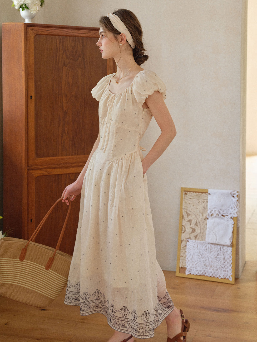 Gabriella Round Neck Printed Linen Dress