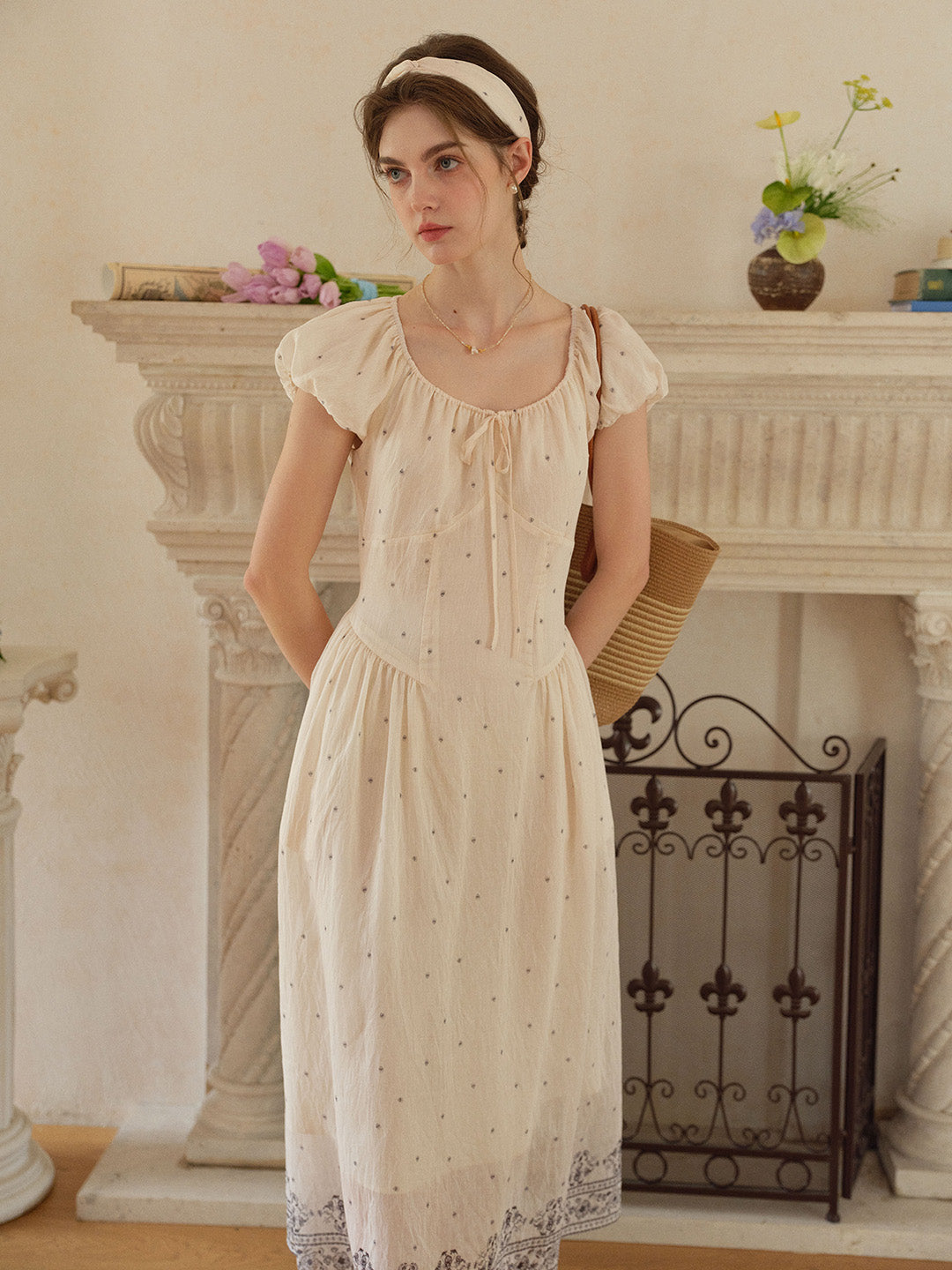 Gabriella Round Neck Printed Linen Dress