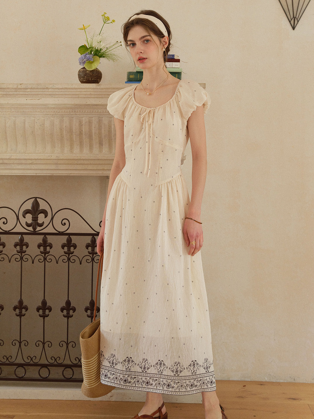 Gabriella Round Neck Printed Linen Dress
