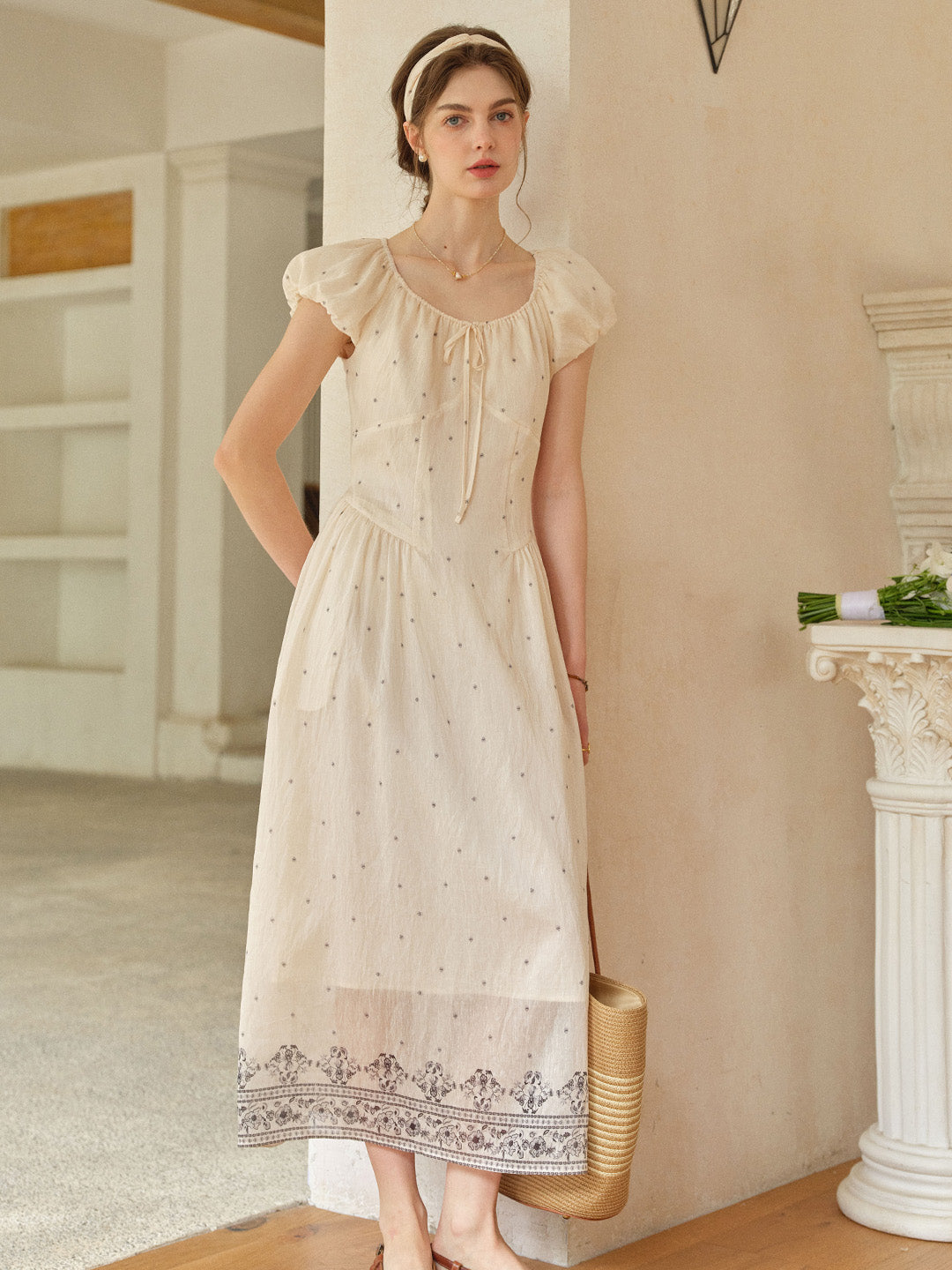 Gabriella Round Neck Printed Linen Dress