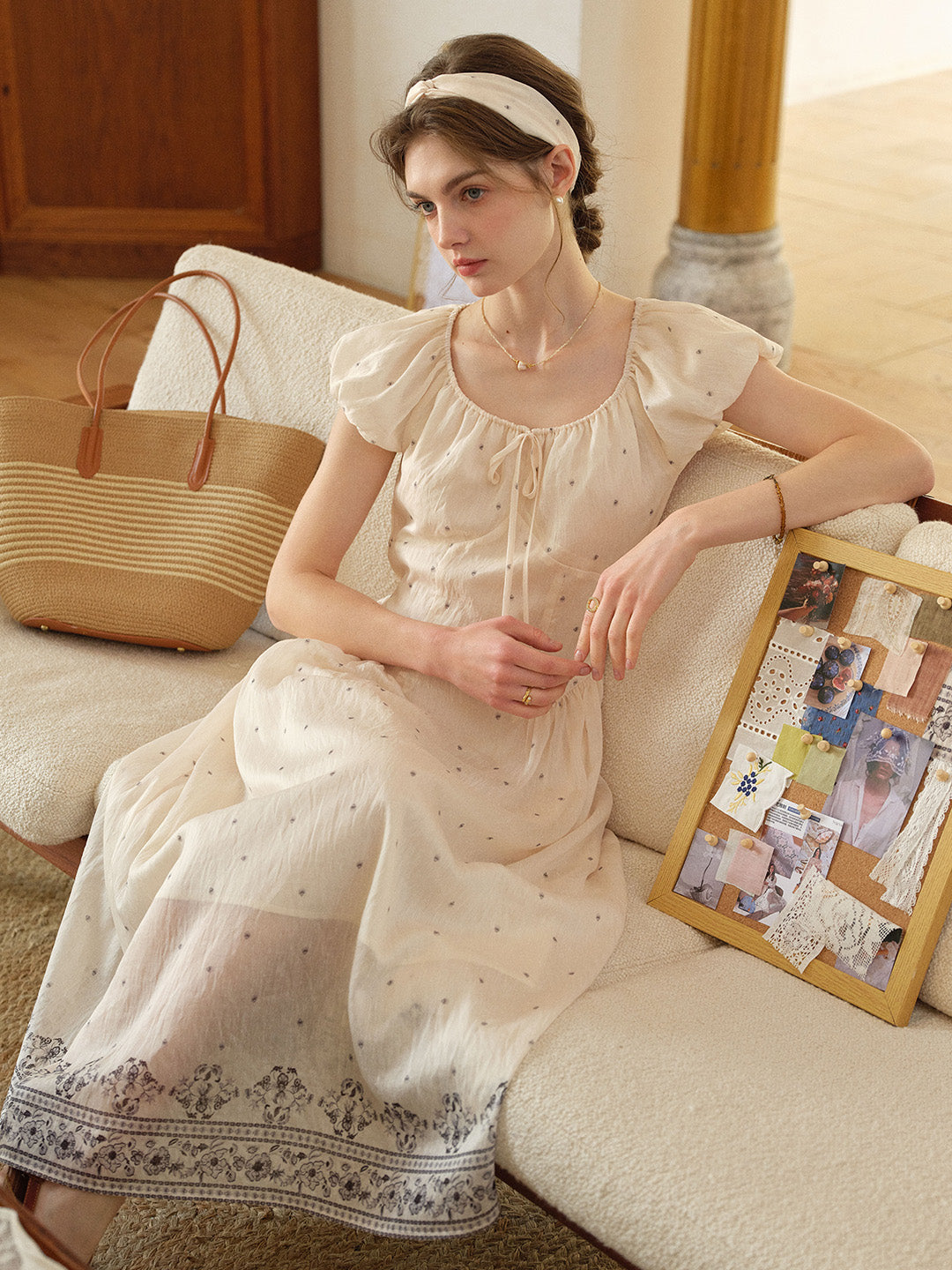 round neck linen dress Gabriella Round Neck Printed Linen Dress