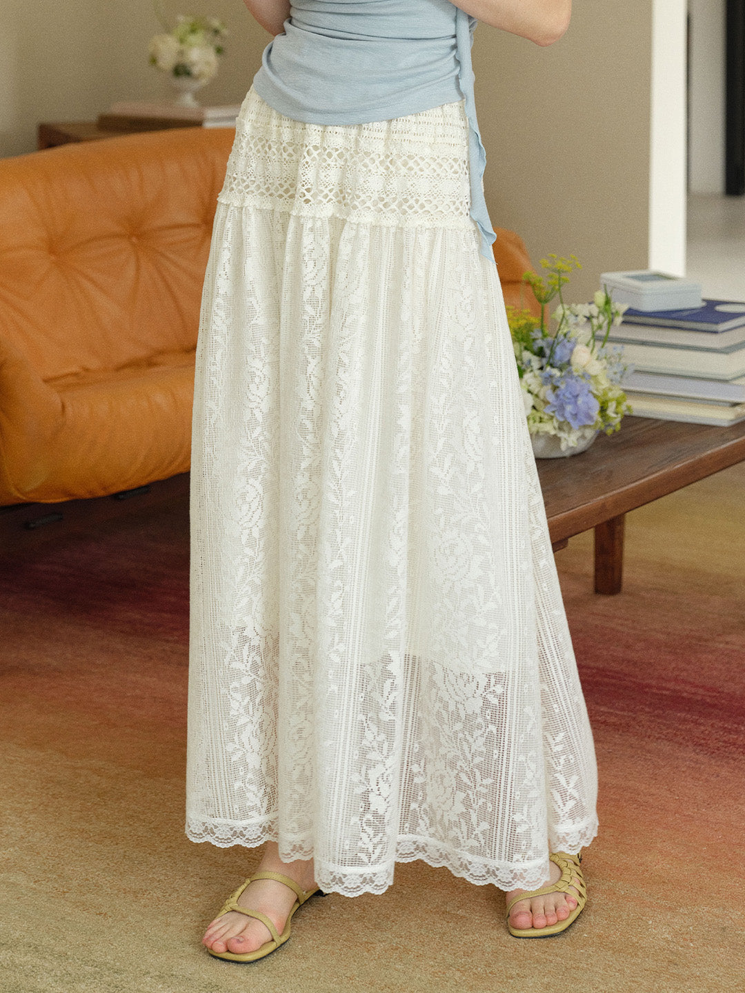 Kensley Lace-Embroidered Hollow Cotton Skirt