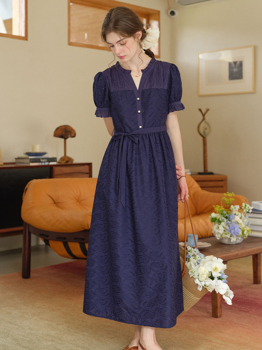 Aitana Rose Embroidered V-neck Puff Sleeve Lace Cotton Dress