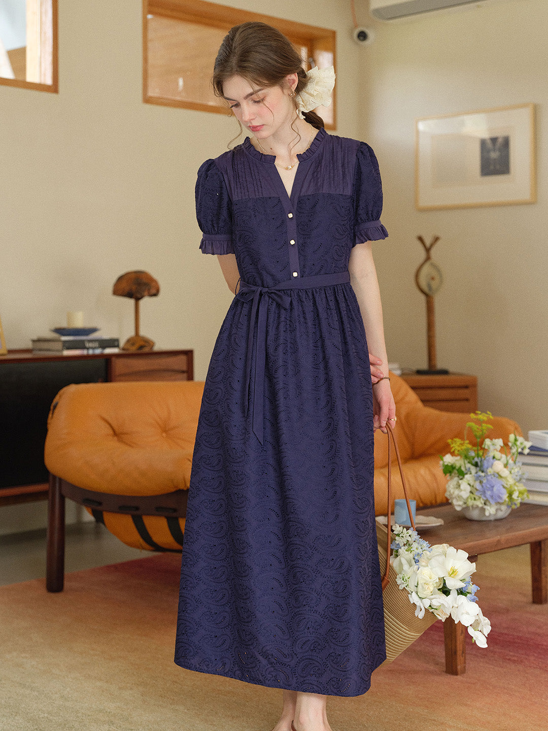 Aitana Rose Embroidered V-neck Puff Sleeve Lace Cotton Dress Aitana Rose Embroidered V-neck Puff Sleeve Lace Cotton Dress
