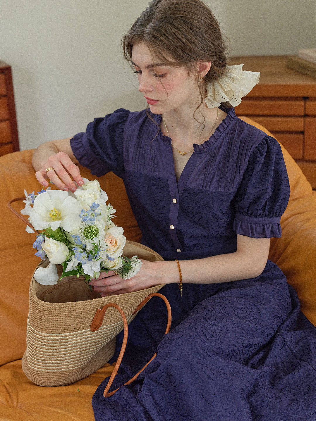 Aitana Rose Embroidered V-neck Puff Sleeve Lace Cotton Dress