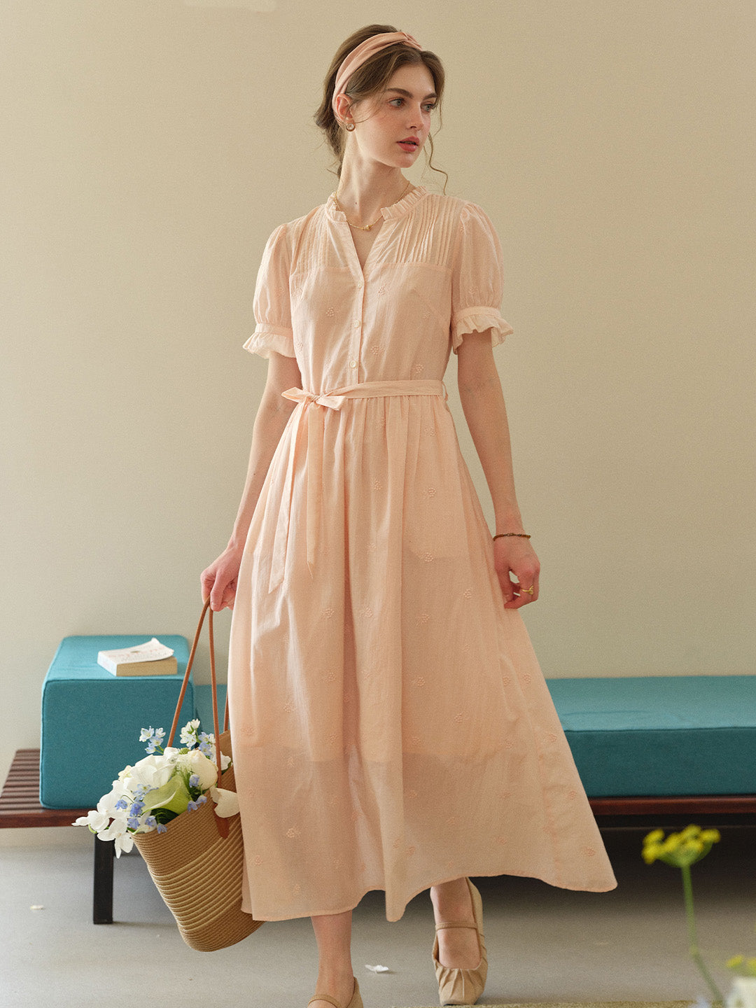 Aitana Rose Embroidered V-neck Puff Sleeve Lace Cotton Dress, M Aitana Rose Embroidered V-neck Puff Sleeve Lace Cotton Dress, M